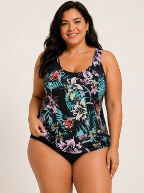 FULLFITALL Pink Floral Tankini Top Size 24 D/DD Plus Swimwear NWT